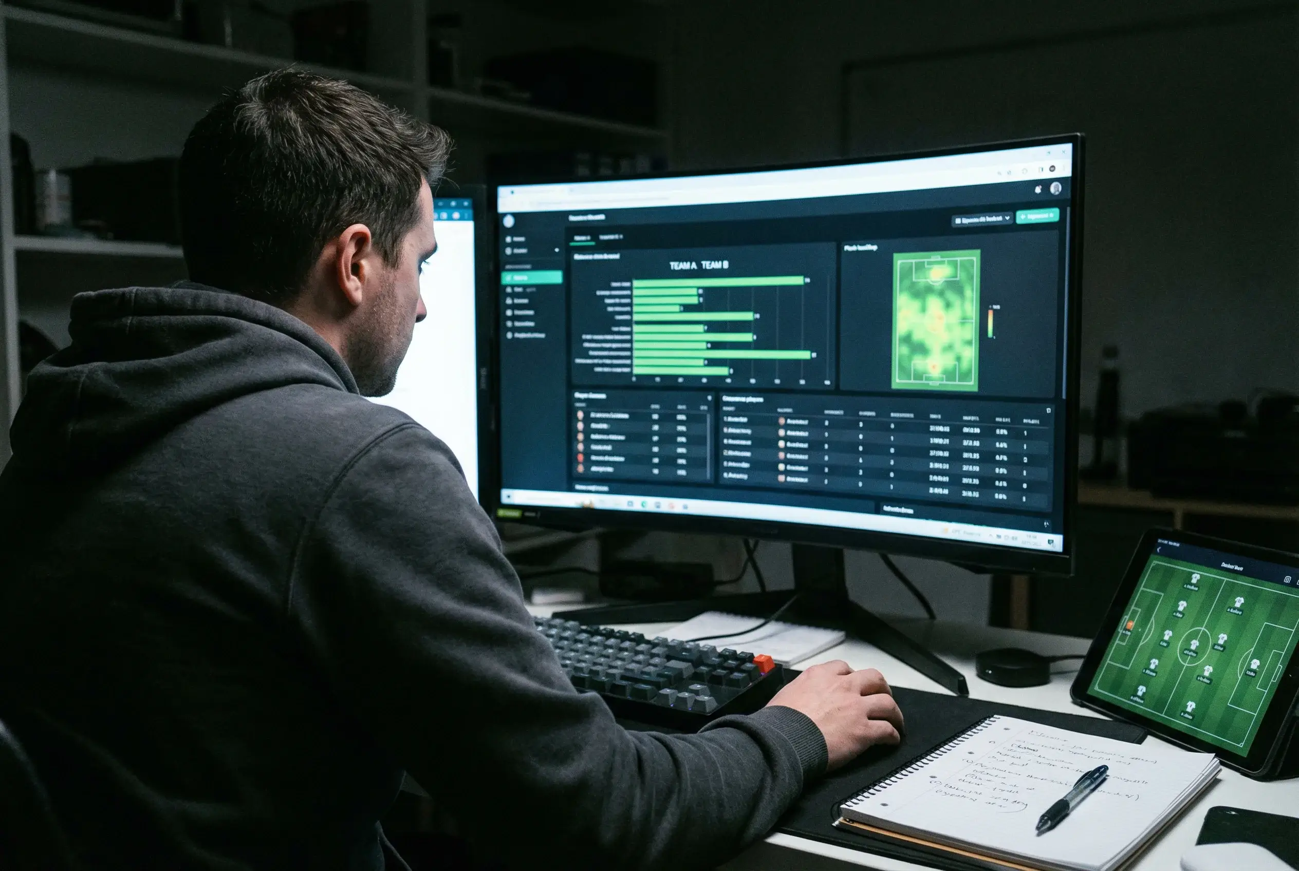 Analyste sportif étudiant des statistiques de match sur un écran avec des graphiques de performance