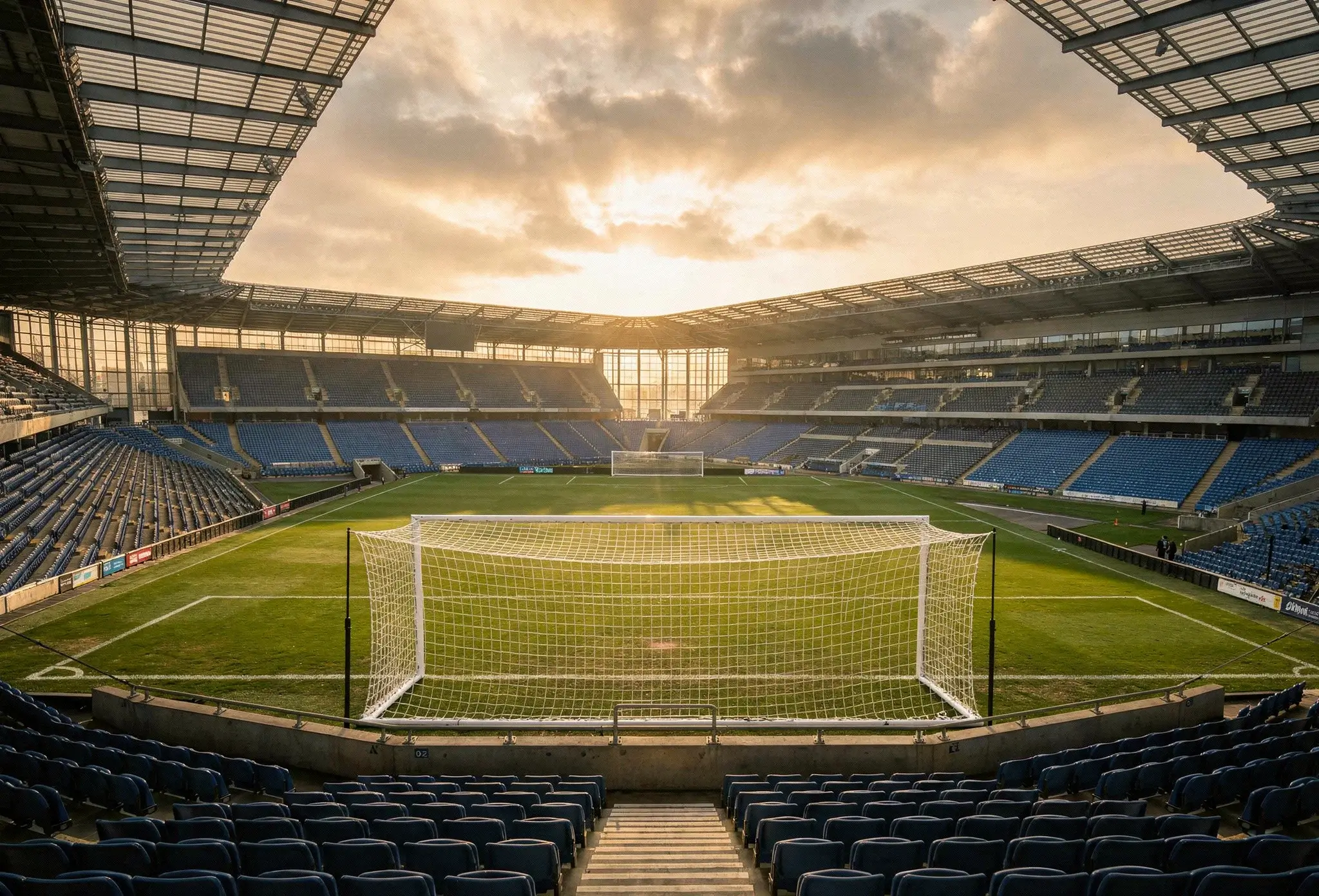 Stade de football éclairé en soirée avec pelouse verte et gradins