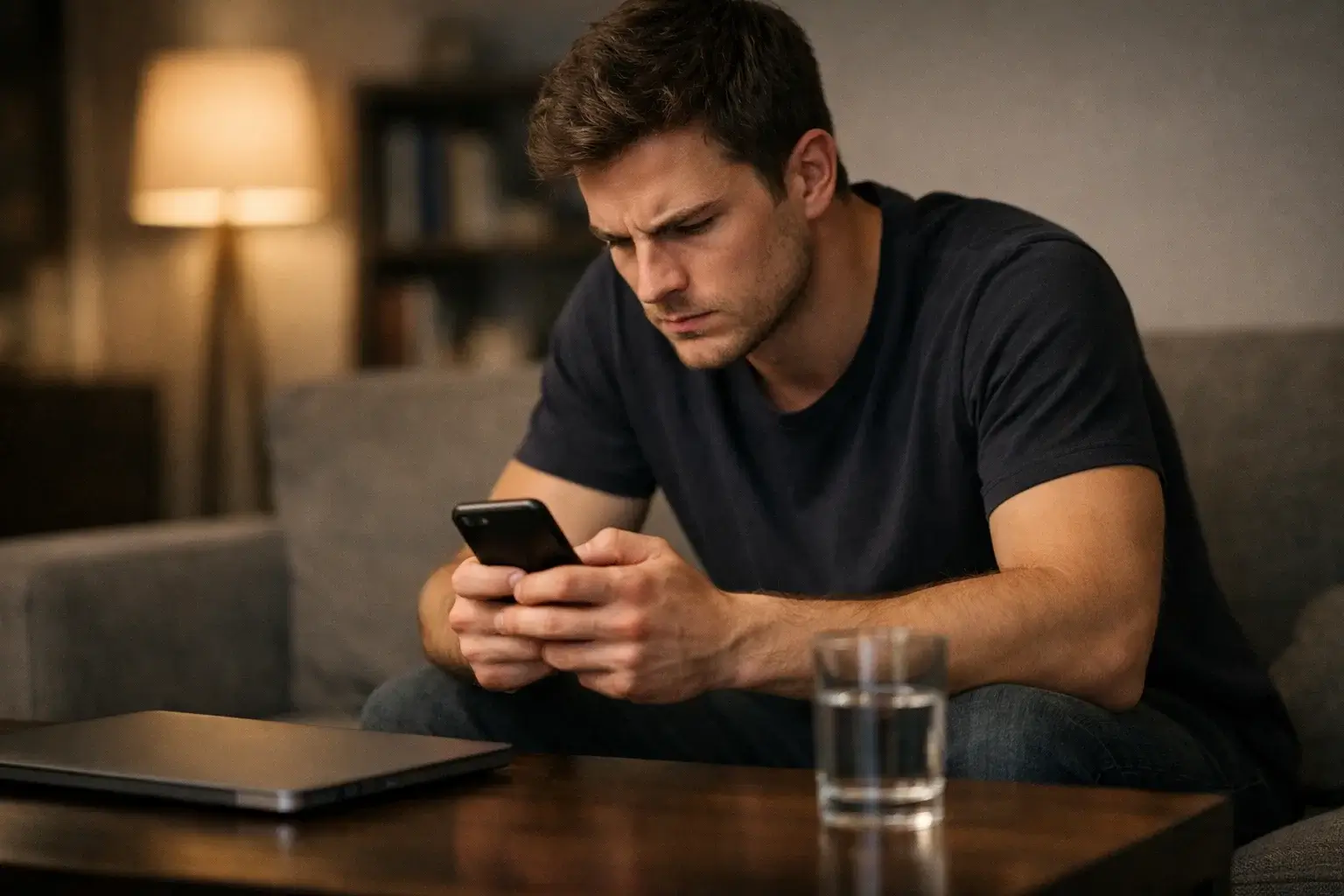 Parieur concentré devant son téléphone avec une expression de frustration après une série de pertes