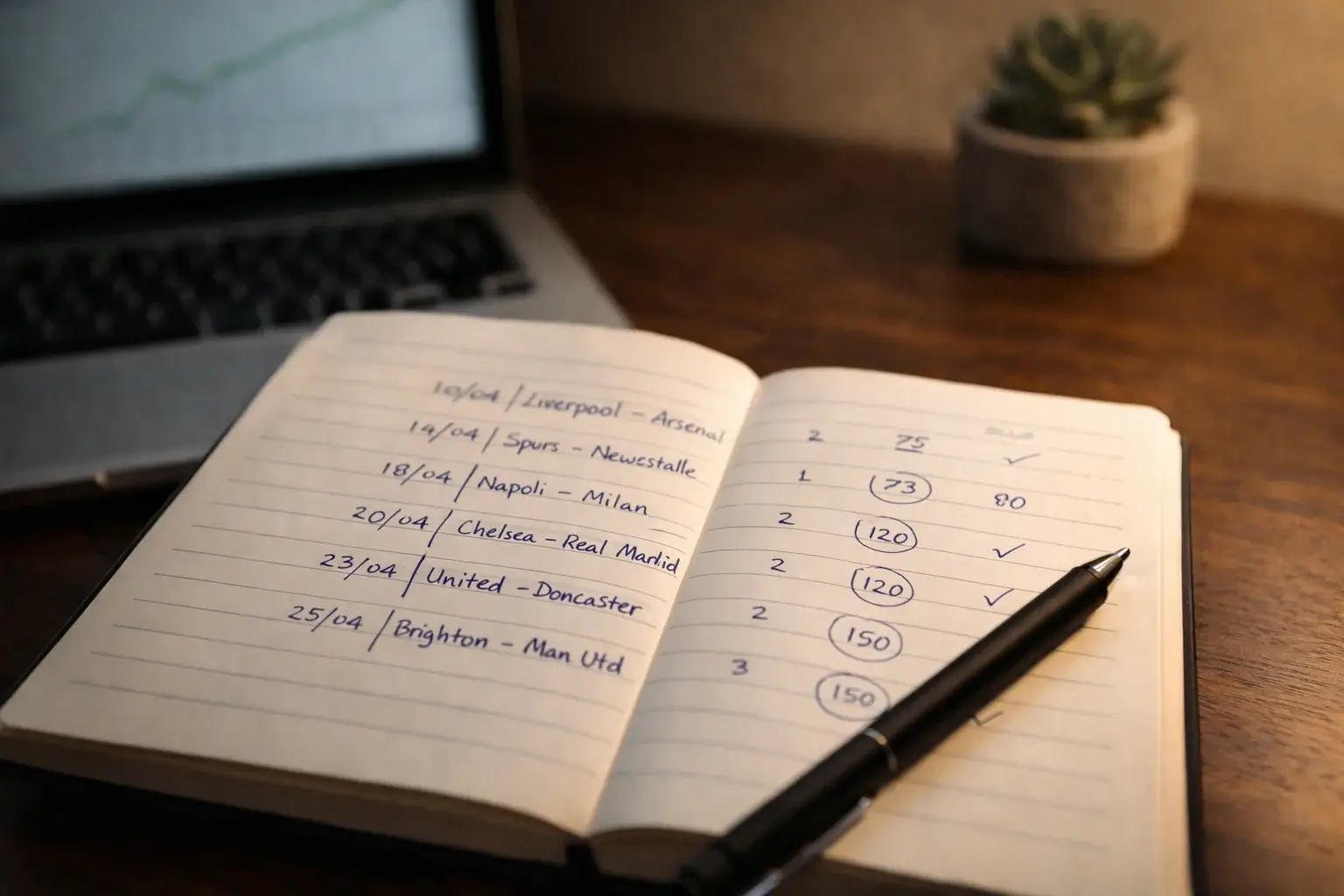 Carnet de suivi de bankroll ouvert sur un bureau avec un stylo et des annotations manuscrites