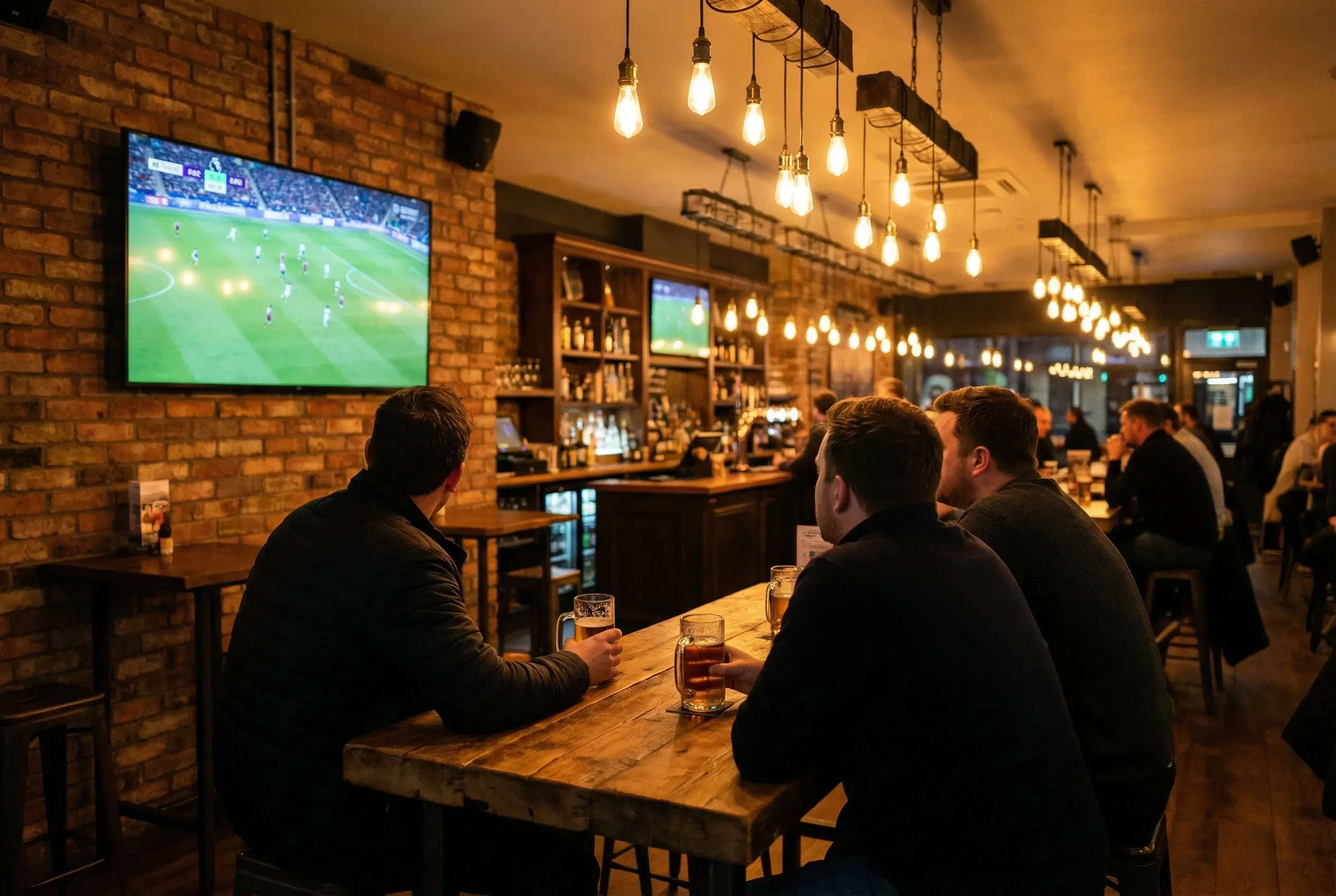 Supporters dans un bar sportif regardant un match de football en direct sur grand écran